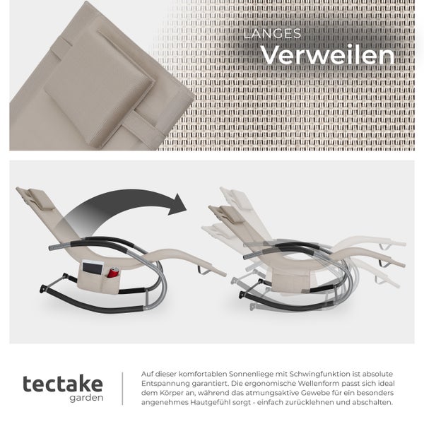 Gartenliege tectake Taya abnehmbares Kopfpolster, seitliche Aufbewahrungstasche ergonomisch, mit Komfort-Schwingbewegung beige