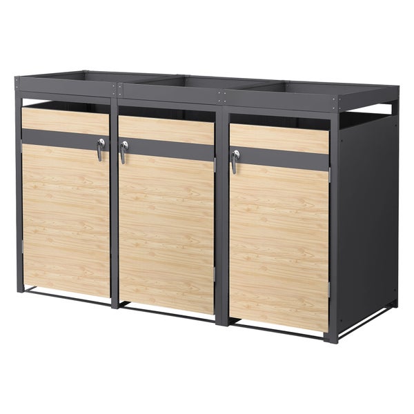 Dreifache Mülltonnenbox aus Metall mit Türen in Holzoptik und Pflanzwanne.