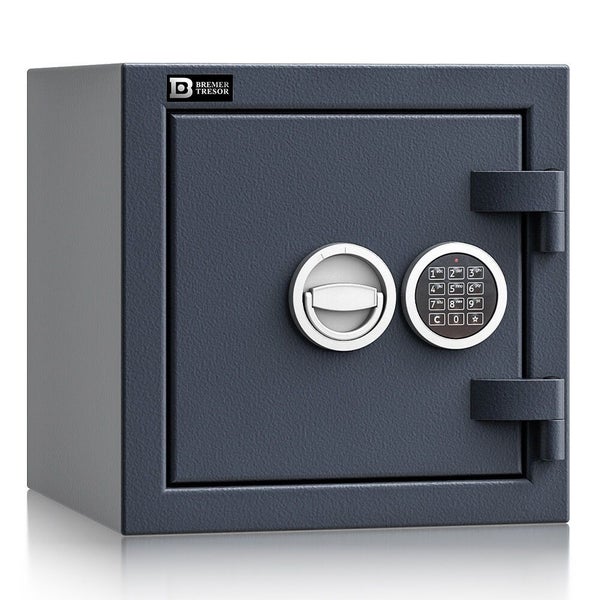 Anthrazitfarbener Möbeltresor von Bremer Tresor mit elektronischem Zahlenschloss und Klappgriff aus Stahl.