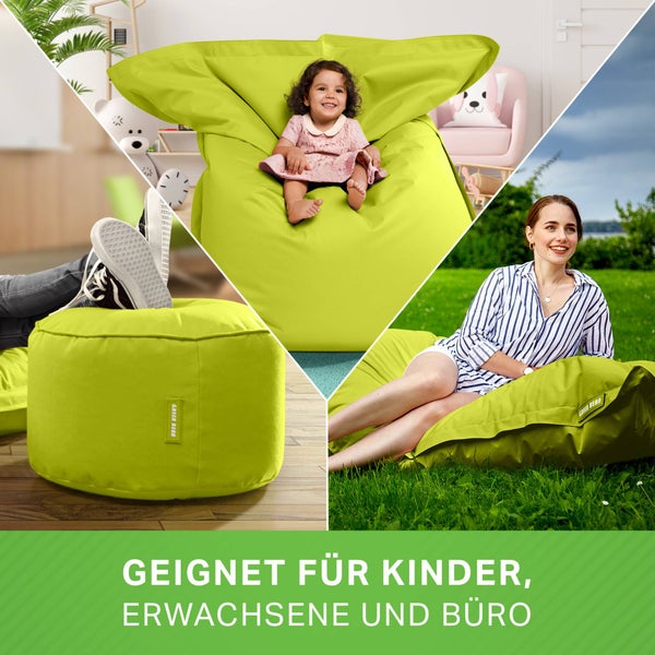 Green Bean 2er Set XXL Sitzsack inkl. Pouf fertig befüllt mit EPS-Perlen - Riesensitzsack 140x180 Lounge Sitz-Kissen Bean-Bag Chair  - Hellgrün