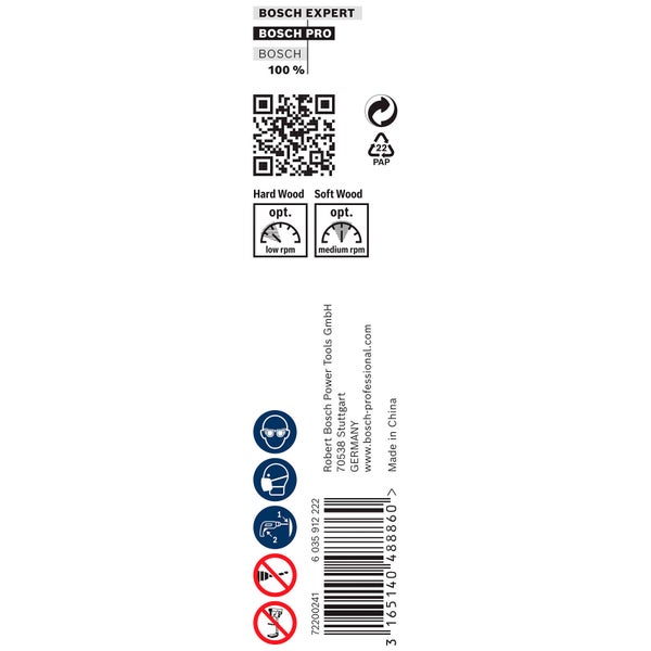 Bosch Expert, Bosch Pro, Bosch Logo mit Informationen zu Drehzahlen für Hart- und Weichholz, Recyclingsymbol und Sicherheitsvorkehrungen.