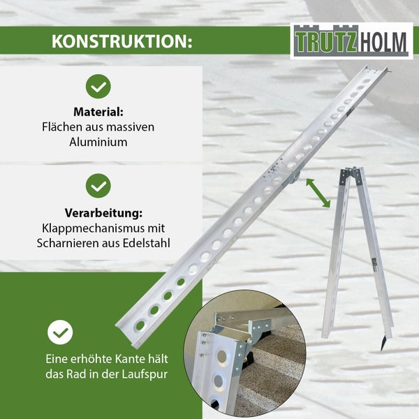 Tragfähige Motorradrampe aus Aluminium mit Klappmechanismus und Edelstahlscharnieren, Trutzholm Logo