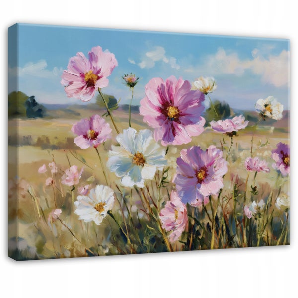 Wandbild auf Leinwand mit gemalten rosa und weißen Kosmeen auf einer Wiese unter blauem Himmel im Stil eines Ölgemäldes.
