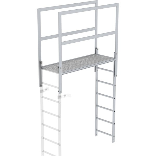 Wandtreppe mit Geländer und Gitterrostplattform