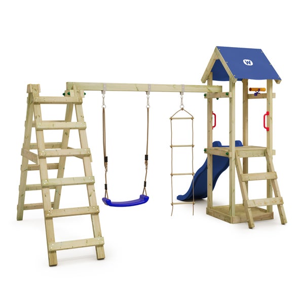 WICKEY Spielturm Klettergerüst TinyLoft mit Schaukel und Rutsche, Kletterturm mit Sandkasten, Leiter und Spiel-Zubehör - blau