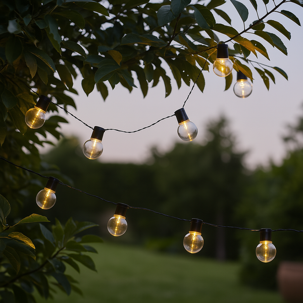 Lichterkette mit Glühbirnen im Garten