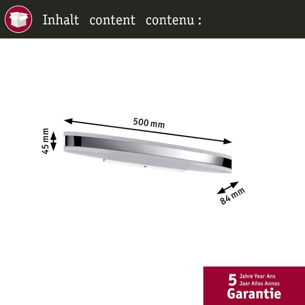 LED-Spiegelleuchte mit Maßen 500 Millimeter Länge, 45 Millimeter Höhe und 84 Millimeter Tiefe. 5 Jahre Garantie enthalten.