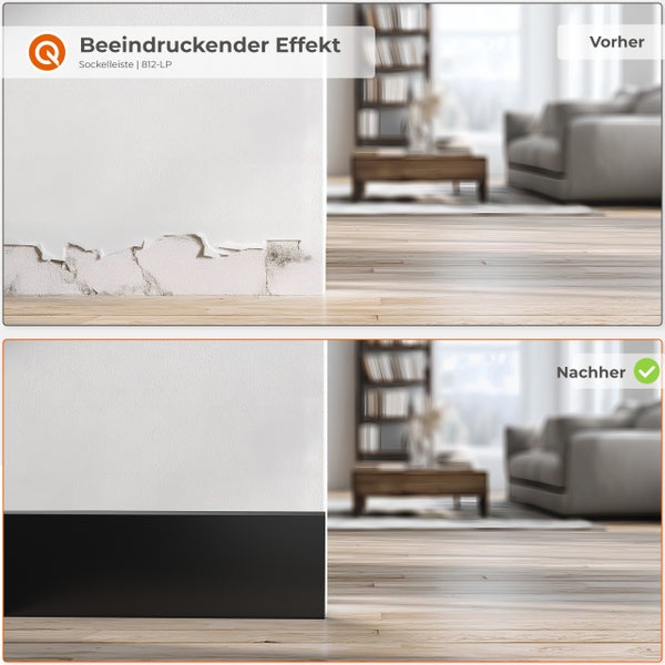 Vorher-nachher-Vergleich einer Wand mit beschädigtem Putz und einer Wand, die mit einer schwarzen Sockelleiste renoviert wurde