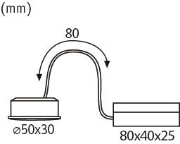 Technische Zeichnung einer Einbauleuchte mit Maßen in Millimeter. Durchmesser 50 mal 30, Gehäuse 80 mal 40 mal 25, Kabellänge 80.
