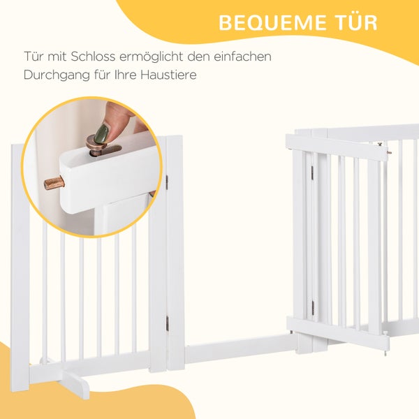 PawHut Absperrgitter Hund 4-teilig, 204 x 75 cm Faltbar Türschutzgitter mit Tür, Freistehend Hundegitter mit 2 Stützfüßen, Treppengitter aus Holz für Flur, Küche, Treppe, Weiß