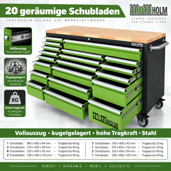 Trutzholm Deluxe XXL Werkstattwagen mit 20 kugelgelagerten Schubladen, Vollauszug und Holzarbeitsplatte, robuste Stahlkonstruktion auf Rollen.