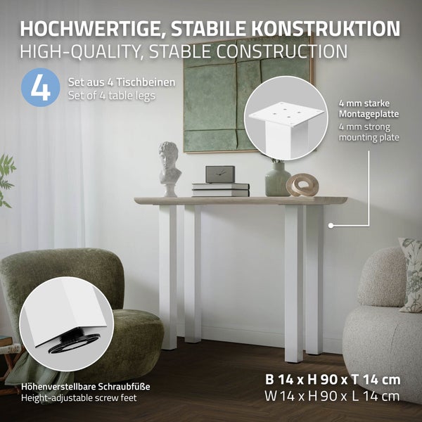 ML-Design 4er Set Tischbeine I-Design 90 cm, Weiß glänzend, Stahl pulverbeschichtet, eckig, Profil 8x8 cm, Höhenverstellbare Möbelfüße 1-4cm, Möbelbeine für Konsolentisch Schreibtisch Arbeitstisch