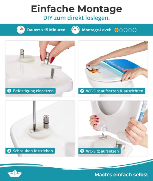 Calmwaters® WC Sitz Motiv Seestern einfache Montage, Toilettendeckel bis 250 kg, Made in EU, antibakterieller Duroplast, Absenkautomatik, 2 Montage Optionen, abnehmbar, Klobrille, oval