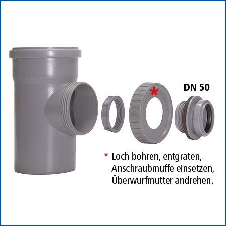 Kunststoff Abzweigrohr DN 50 mit Anschlussset für die nachträgliche Montage