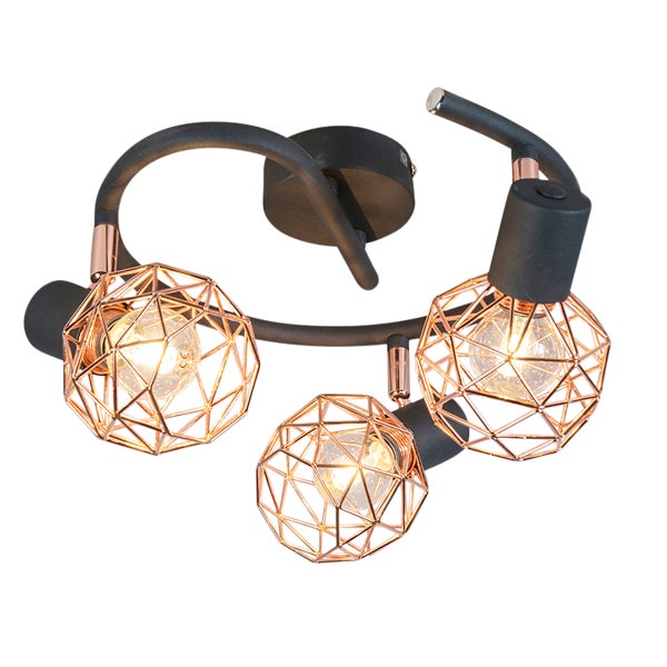 Deckenleuchte mit drei Lichtpunkten in geometrischen Drahtkäfigen