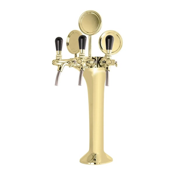 Goldfarbene Biersäule mit drei Zapfhähnen und Schildhaltern für den professionellen Einsatz an Theken und Bars.