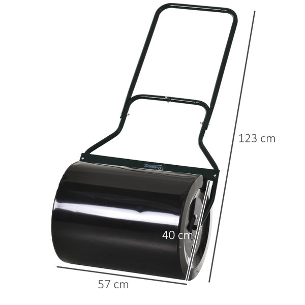 Rasenwalze aus Metall mit Abmessungen: Höhe 123 Zentimeter, Breite 57 Zentimeter und Durchmesser 40 Zentimeter.