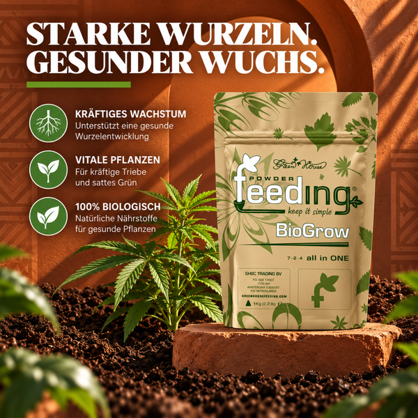 Green House Powder Feeding BioGrow Pflanzendünger in Pulverform für gesundes Pflanzenwachstum und starke Wurzelbildung.