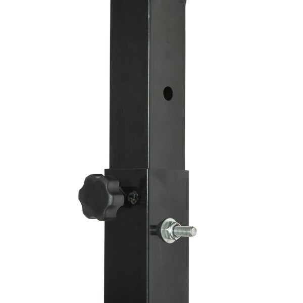 Detailansicht eines verstellbaren schwarzen Metallpfostens mit Sternenknopf und Feststellschraube.
