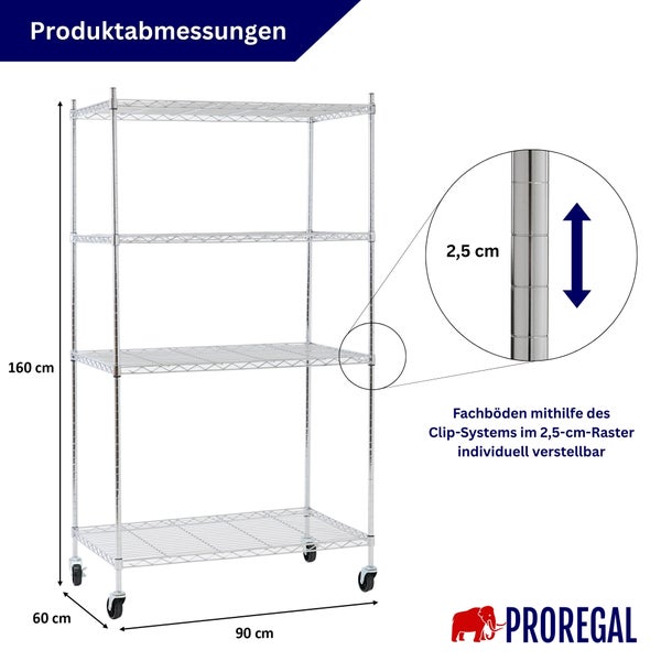 Mobiles Proregal Gitterregal aus Metall, 160 mal 90 mal 60 Zentimeter, 4 Böden alle 2,5 Zentimeter verstellbar. Proregal Logo.