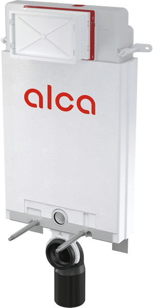 Alca Unterputz-Spülkasten für die Toiletteninstallation mit Anschlüssen und integriertem Spülmechanismus. Alca Logo.