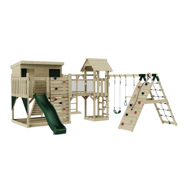 Spielplatz aus Holz mit Rutsche, Schaukeln und Kletterwand