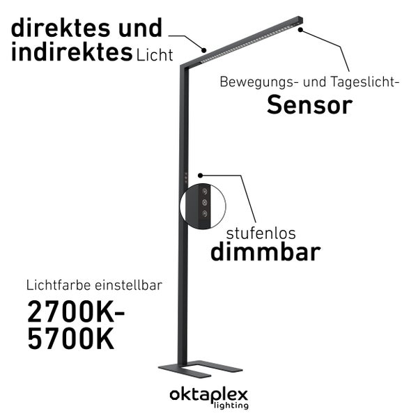 Büro Stehleuchte Alva LED dimmbar 10800 Lumen 2700K-5700K Aluminium Stehlampe schwarz 80W Arbeitsleuchte mit Präsenzsensor Touch-Panel