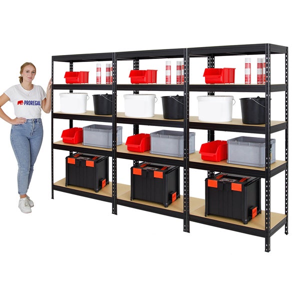 PROREGAL Mega Deal 3x Schwerlastregal Rivet HxBxT 180 x 90 x 45 cm Fachlast 250 kg Schwarz