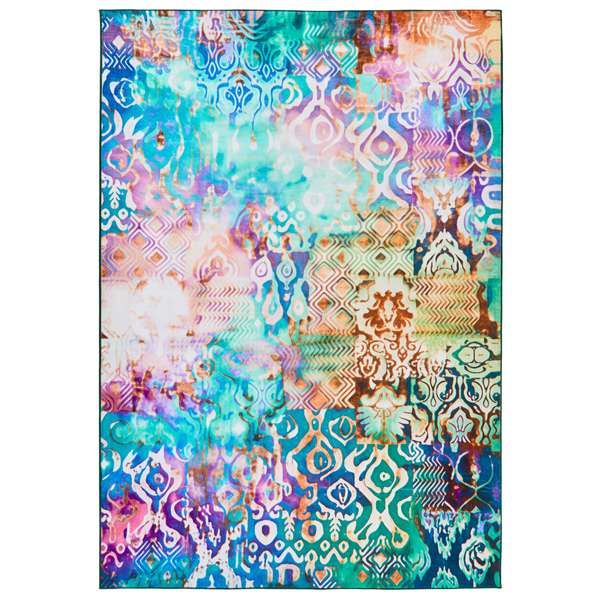 Rechteckiger Teppich mit buntem Patchwork-Muster in Orient-Optik und verschiedenen Ornamenten.