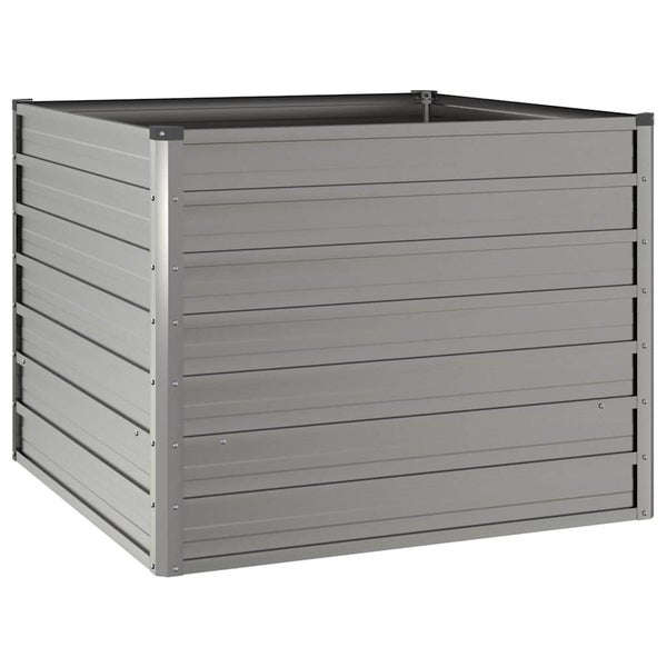 Quadratisches Hochbeet aus Metall mit horizontalen Lamellen.