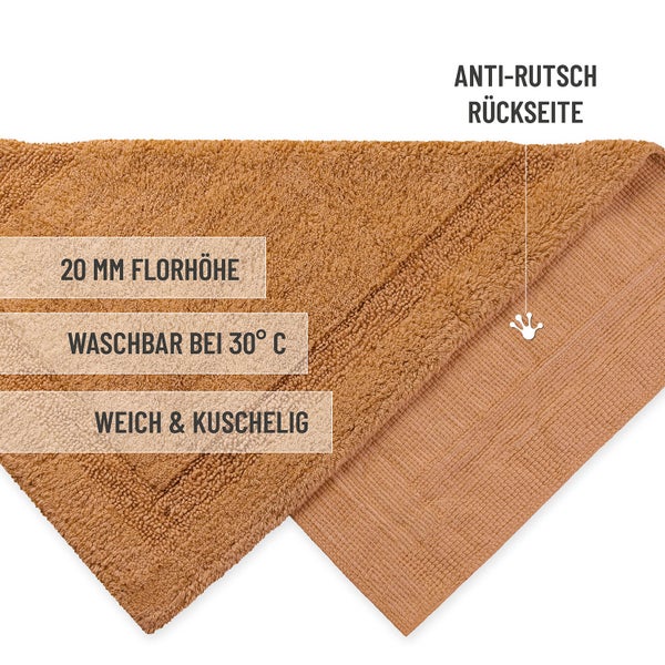 Nahaufnahme einer Badematte mit 20 Millimeter Florhöhe, waschbar bei 30 Grad, weich und kuschelig mit rutschhemmender Rückseite.