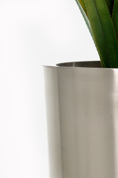Detailansicht eines Pflanzgefäßes aus gebürstetem Metall mit einer Pflanze.