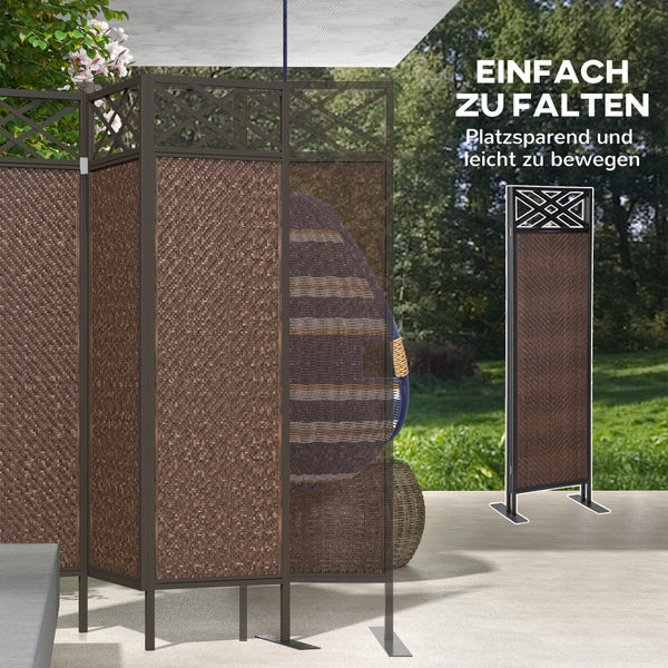 Outsunny Paravant, Garten Raumteiler mit Rattanoptik, 148 x 181 cm, Stahl, Dunkelbraun
