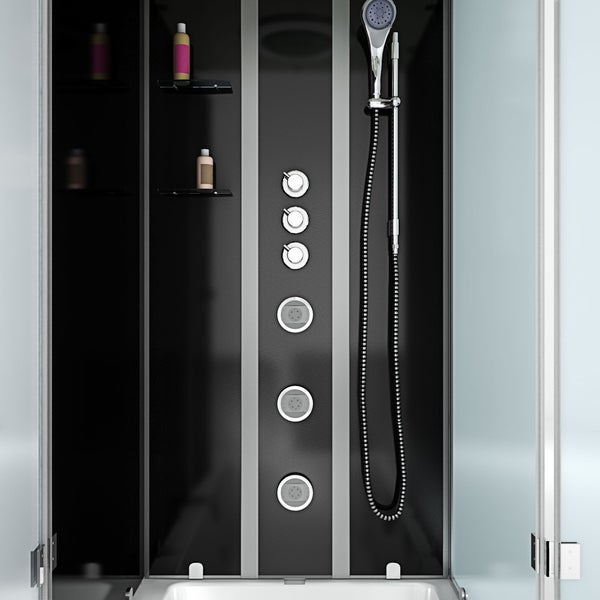 Duschpaneel in einer Duschkabine mit Handbrause, Massagedüsen, Reglern und Ablagen aus Glas.