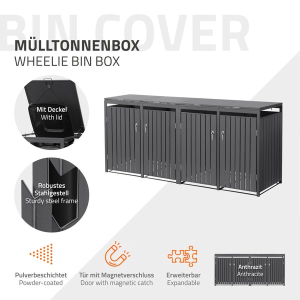 Mülltonnenbox für vier Tonnen aus anthrazitfarbenem, pulverbeschichtetem Stahl mit Deckel, Magnetverschluss und erweiterbarem System.