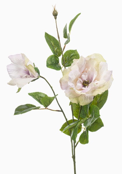 Künstliche Rosenknospe mit Stiel, Dornen und Blättern.