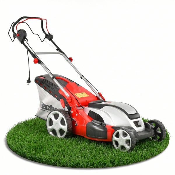 Hecht Elektro-Rasenmäher in Rot und Silber mit Grasfangkorb auf einer Rasenfläche.