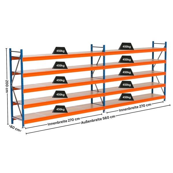 Schwerlastregal mit fünf Ebenen und einer Traglast von 450 Kilogramm pro Ebene