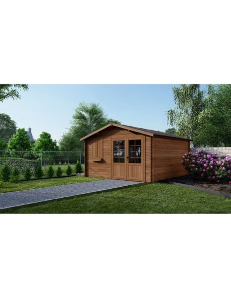 Gartenhaus aus Holz mit Satteldach, Doppeltür mit Lichtausschnitten und Fenster mit Fensterladen in einem Garten.