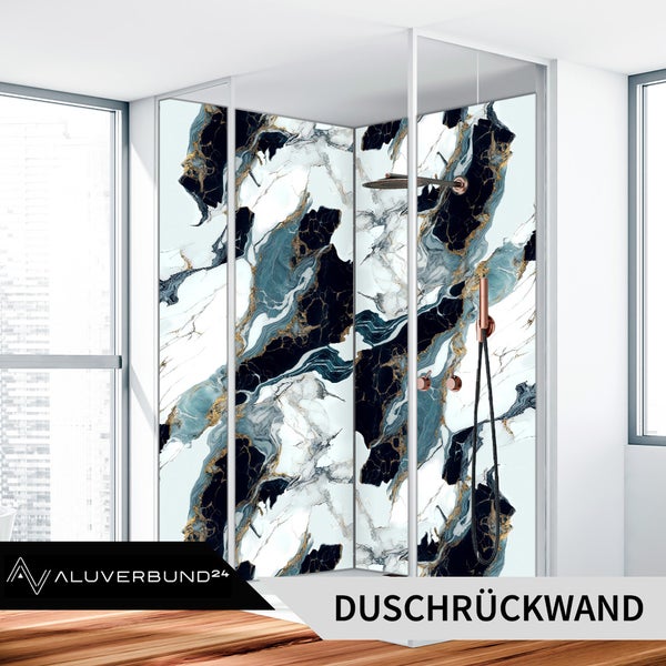 Duschrückwand mit Marmor-Muster in einer modernen Eckdusche mit kupferfarbenen Armaturen.