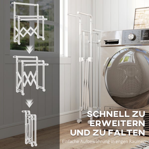 Ausziehbarer und faltbarer Wäscheständer auf Rollen, platzsparend neben einer Waschmaschine verstaut.