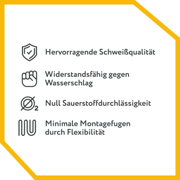Symbole für hervorragende Schweißqualität, Widerstandsfähigkeit gegen Wasserschlag, Null Sauerstoffdurchlässigkeit und minimale Montagefugen durch Flexibilität