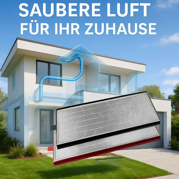 Szene mit einem Haus, Luftkanälen und einem Luftfilter für saubere Luft im Haus