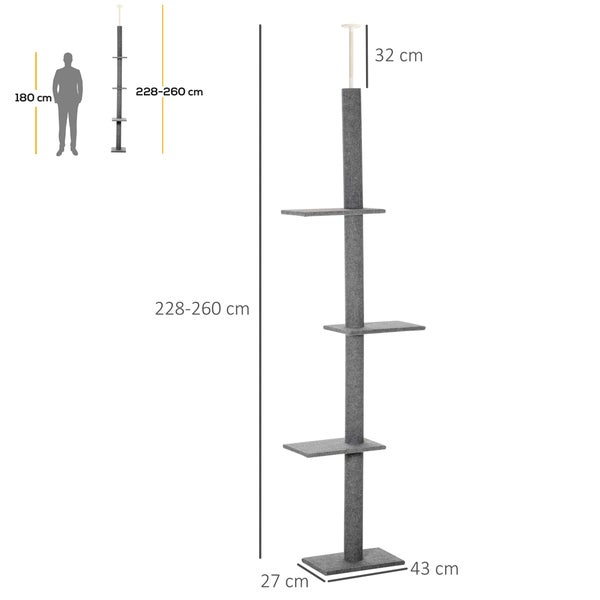 PawHut Kratzbaum Deckenhoch, 228-260 cm Höhenverstellbarer Katzenbaum Kletterbaum für Katzen mit 3 Ebenen, Katzenkratzbaum, Spielbaum vom Boden bis zur Decke Grau