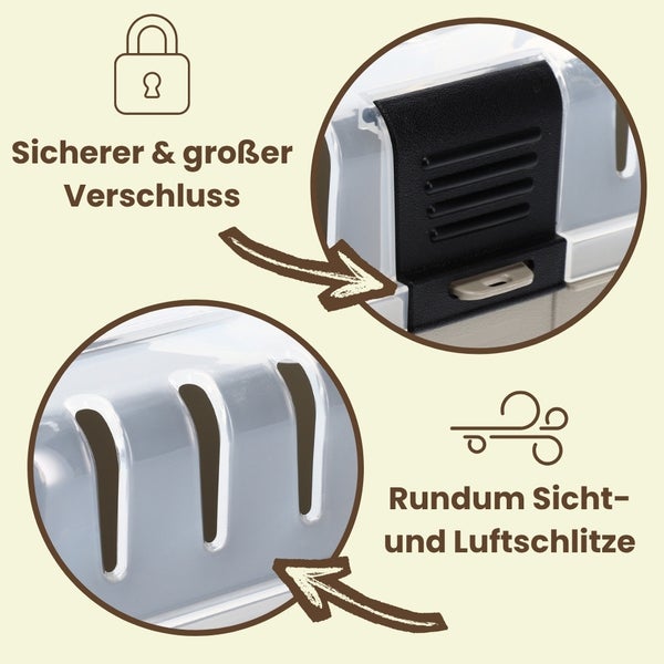 Transportbox mit sicherem, großem Verschluss und Belüftungsschlitzen für Sicht und Luftzufuhr.