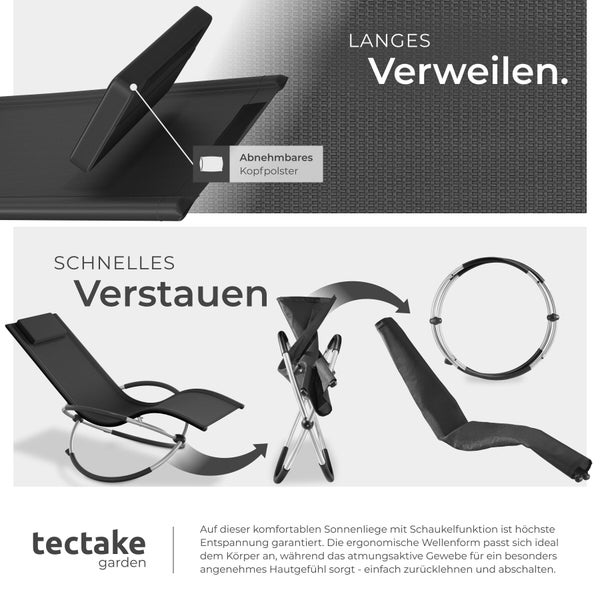 Ergonomische Gartenliege mit Schaukelfunktion, faltbarem Gestell und abnehmbarem Kopfpolster. tectake garden Logo.