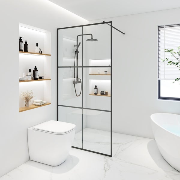 Home Deluxe - Duschabtrennung - BAKI - Breite: 130 cm, Schwarzer Rahmen, Klarglas, 6 Raster Optik - 10 mm ESG - Sicherheitsglas I Walk in Dusche, Duschwand, Duschtür