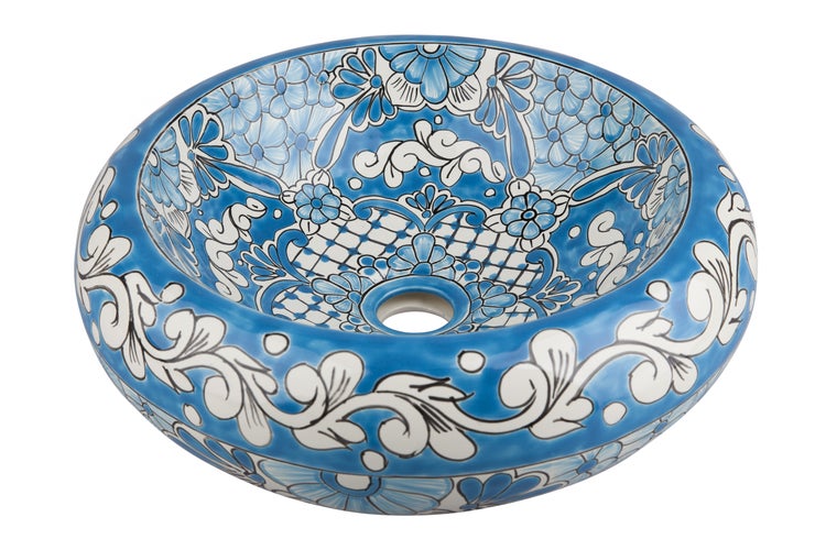 Blau-weißes Keramikwaschbecken mit floralem Muster