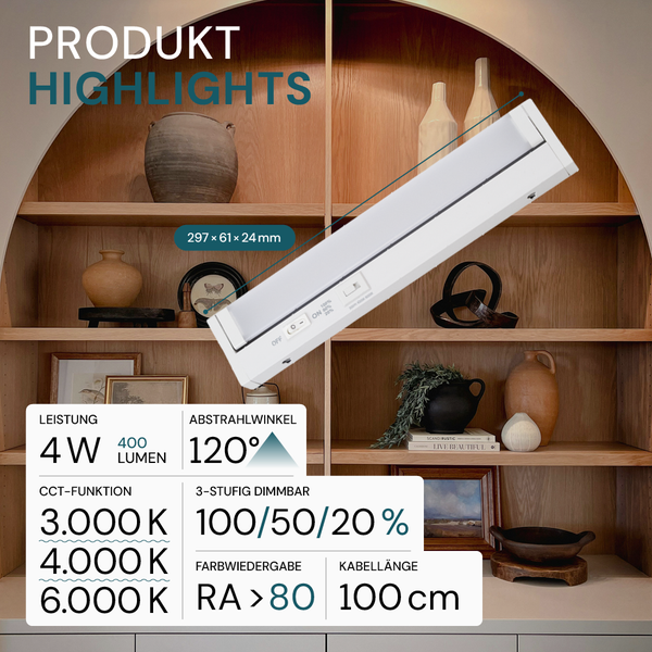 LED-Unterbauleuchte, 297 mal 61 mal 24 Millimeter, 4 Watt, 400 Lumen, 120 Grad, 3000 bis 6000 Kelvin, 3-stufig dimmbar, 100 Zentimeter Kabel.