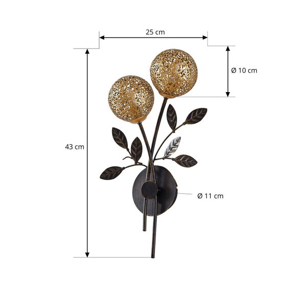 Wandleuchte mit zwei Lichtquellen in Kugelform und Blätterdesign, Maße sind abgebildet